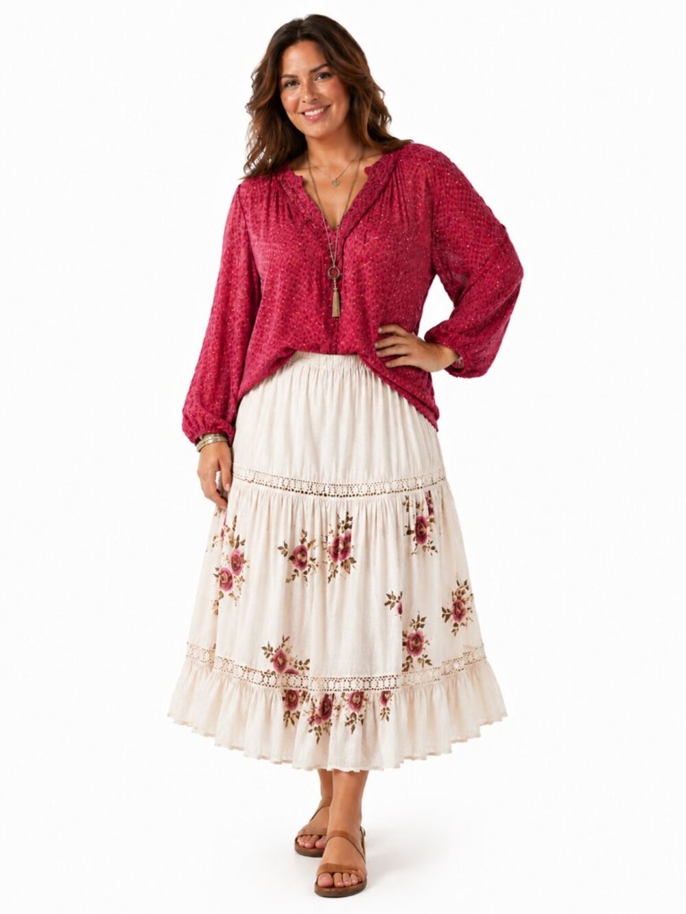 PAIGE Lg Slve V-Neck Button-Up Pink/Red Abstract w/Gold Sparkles Blouse NWOT L
